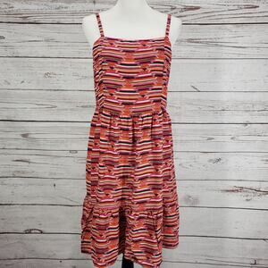 Loft Women's Red Print Smocked Tiered Rayon Lined Dress Size 8
